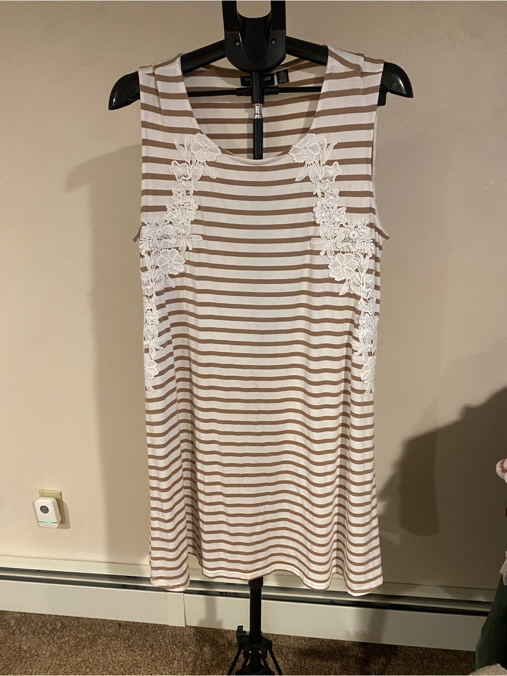 Nina Leonard Beige and White Striped Lace-Appliqué Midi Dress